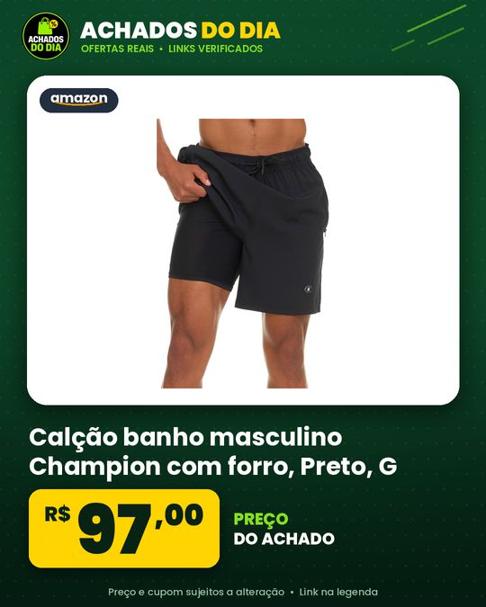 Calção banho masculino Champion com forro, Preto, G