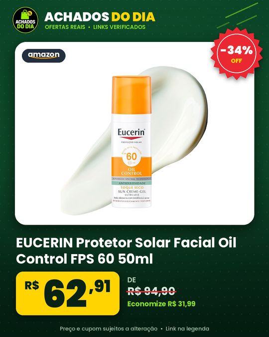 EUCERIN Protetor Solar Facial Oil Control FPS 60 50ml Antioleosidade Rosto Proteção UVA UVB e Luz Visível