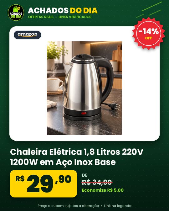 Chaleira Elétrica 1,8 Litros 220V 1200W em Aço Inox Base Giratória 360° Desligamento Automático Proteção Contr