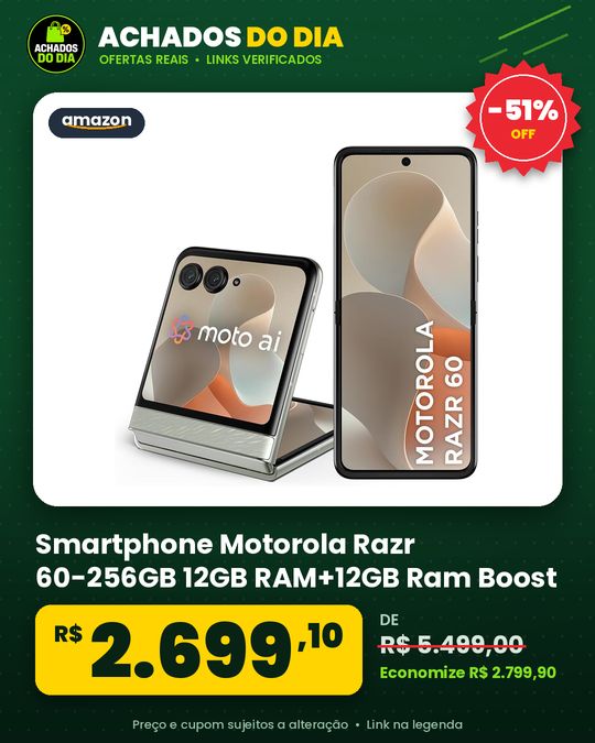 Smartphone Motorola Razr 60-256GB 12GB RAM+12GB Ram Boost Tela dobrável 6,9" pOLED e externa 3,6” Moto AI camera IP48