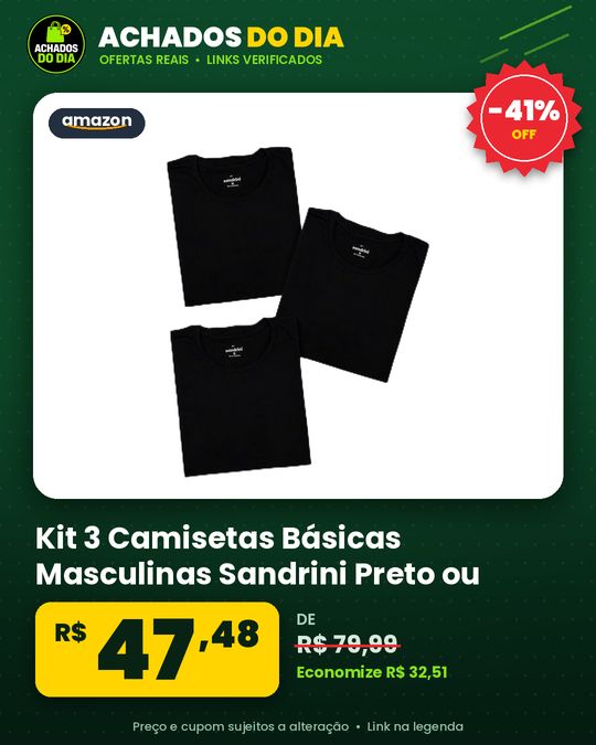 Kit 3 Camisetas Básicas Masculinas Sandrini Preto ou Sortido Algodão Premium Conforto Casual Dia a Dia