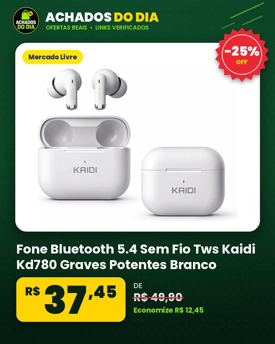 Fone Bluetooth 5.4 Sem Fio Tws Kaidi Kd780 Graves Potentes Branco