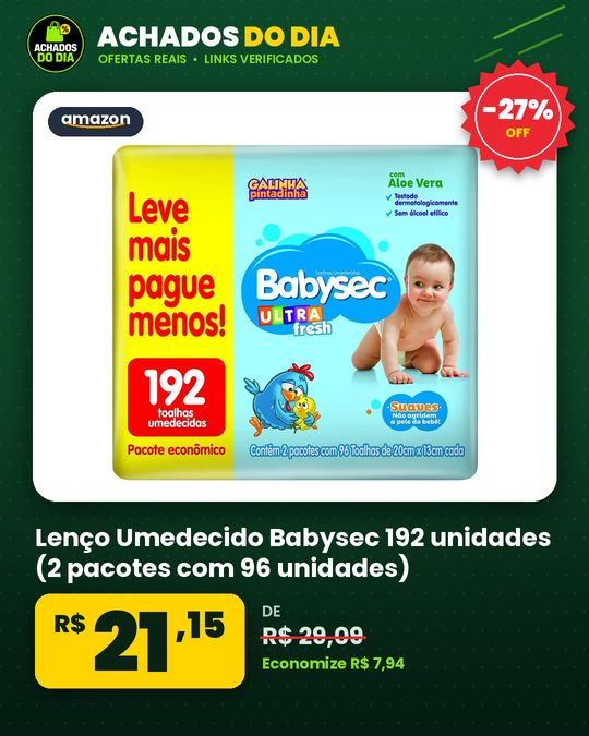 Lenço Umedecido Babysec 192 unidades (2 pacotes com 96 unidades)