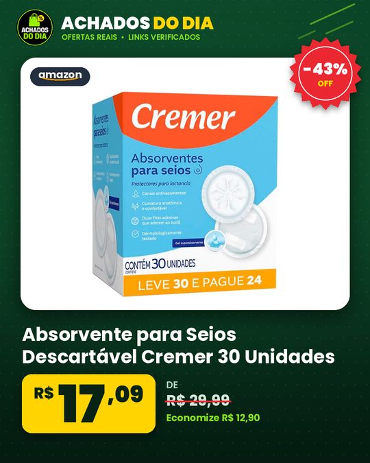 Absorvente para Seios Descartável Cremer 30 Unidades