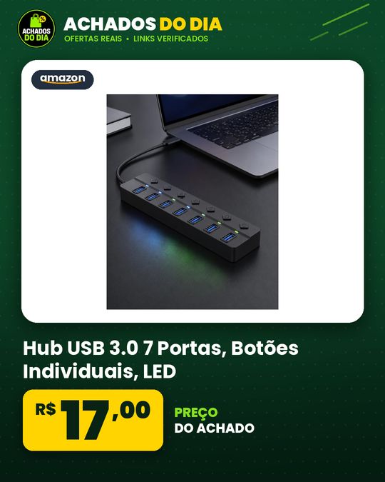 Hub USB 3.0 7 Portas, Botões Individuais, LED