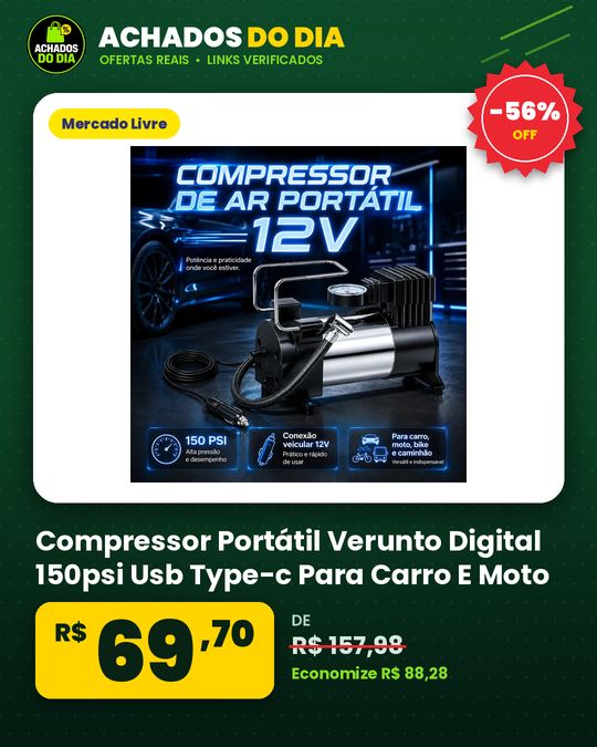 Compressor Portátil Verunto Digital 150psi Usb Type-c Para Carro E Moto