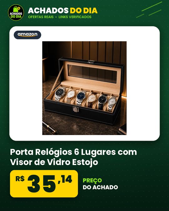 Porta Relógios 6 Lugares com Visor de Vidro Estojo Organizador para Relógios Caixa Expositora com Divisórias e A