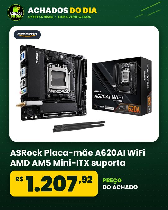ASRock Placa-mãe A620AI WiFi AMD AM5 Mini-ITX suporta processadores AMD Ryzen 900080007000 DDR5 8200+ (OC) PCIe 4.