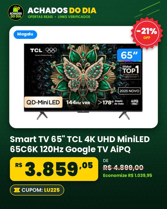 Smart TV 65" TCL 4K UHD MiniLED 65C6K 120Hz Google TV AiPQ Google Assistente 4 HDMI 2 USB