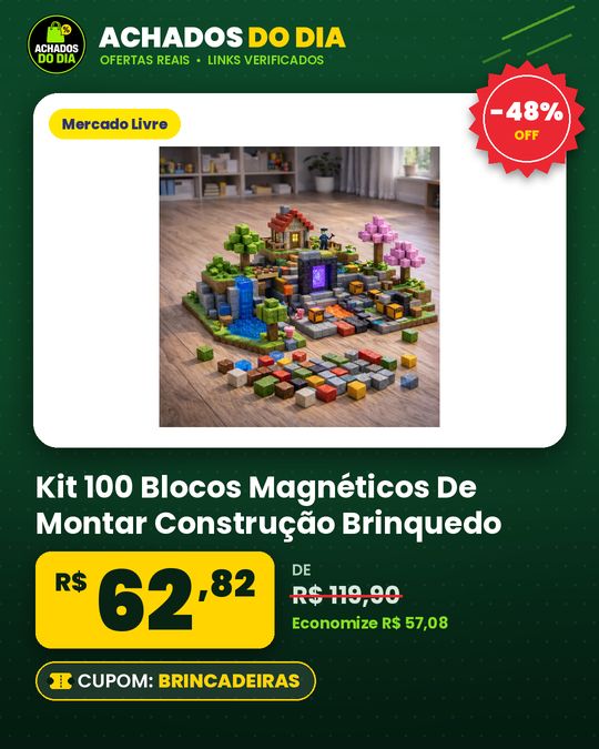 Kit 100 Blocos Magnéticos De Montar Construção Brinquedo