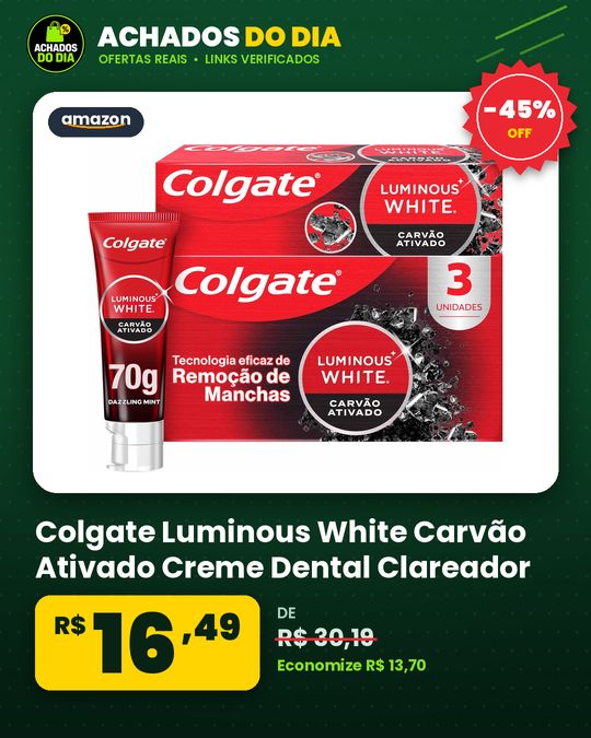 Colgate Luminous White Carvão Ativado Creme Dental Clareador, 3x70g
