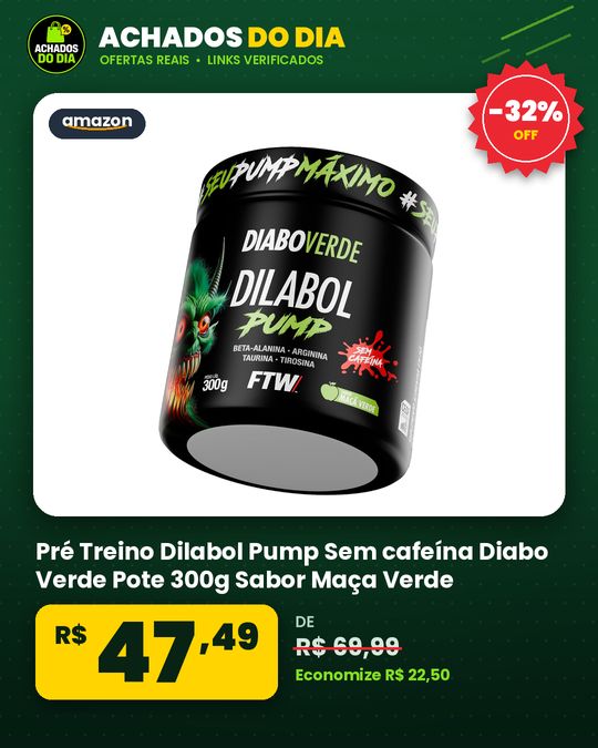Pré Treino Dilabol Pump Sem cafeína Diabo Verde Pote 300g Sabor Maça Verde, FTW Pré Workout com Beta-Alanina