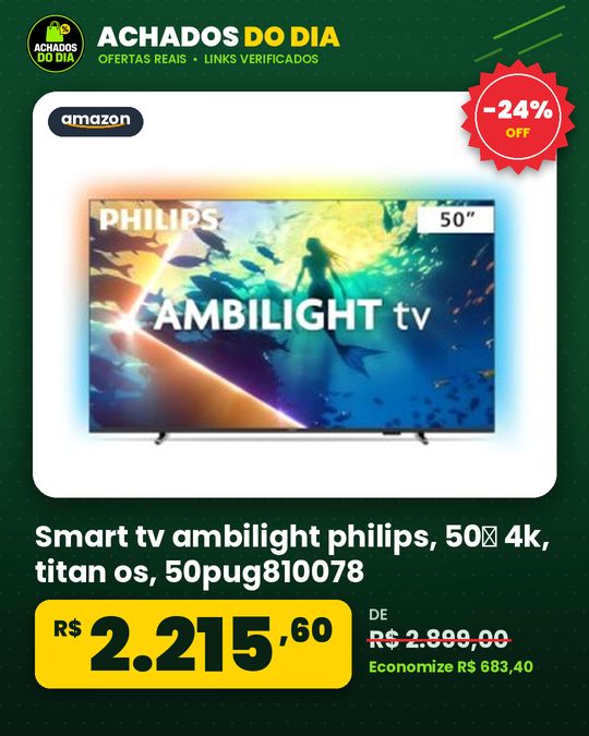 Smart tv ambilight philips, 50″ 4k, titan os, 50pug810078, comando de voz, hdr10+dolby atmos, vrrallm