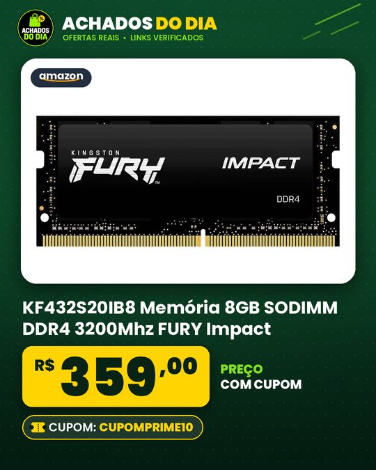 KF432S20IB8 - Memória 8GB SODIMM DDR4 3200Mhz FURY Impact 1,35V 1Rx8 260 pinos para notebook, Preto
