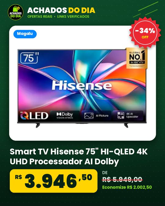 Smart TV Hisense 75" HI-QLED 4K UHD Processador AI Dolby Vision e Dolby Atmos Alexa 75Q6QVV