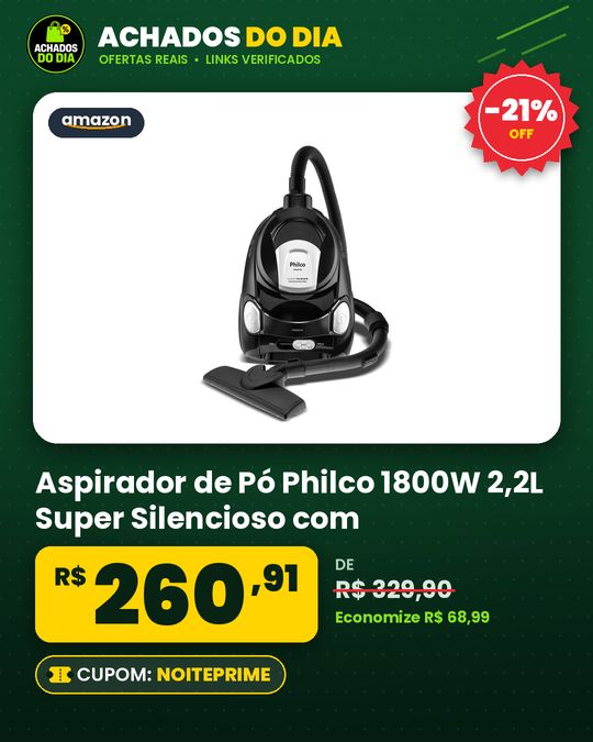 Aspirador de Pó Philco 1800W 2,2L Super Silencioso com Filtro Hepa PAS70 Preto 220V