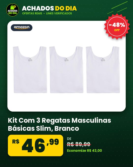 Kit Com 3 Regatas Masculinas Básicas Slim - Branco