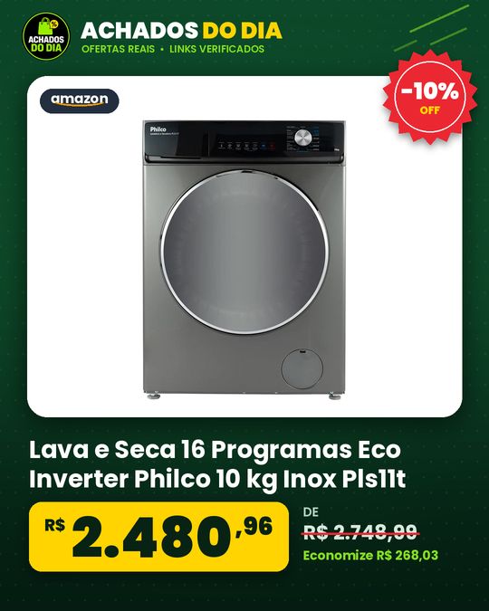Lava e Seca 16 Programas Eco Inverter Philco 10 kg Inox Pls11t - 110v