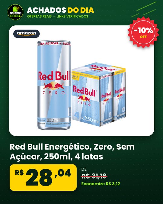 Red Bull Energético, Zero, Sem Açúcar, 250ml, 4 latas