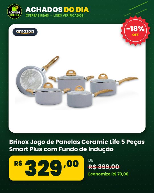 Brinox - Jogo de Panelas Ceramic Life 5 Peças Smart Plus com Fundo de Indução - Cinza Wooden
