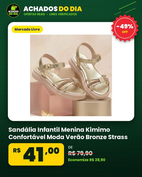 Sandália Infantil Menina Kimimo Confortável Moda Verão Bronze Strass