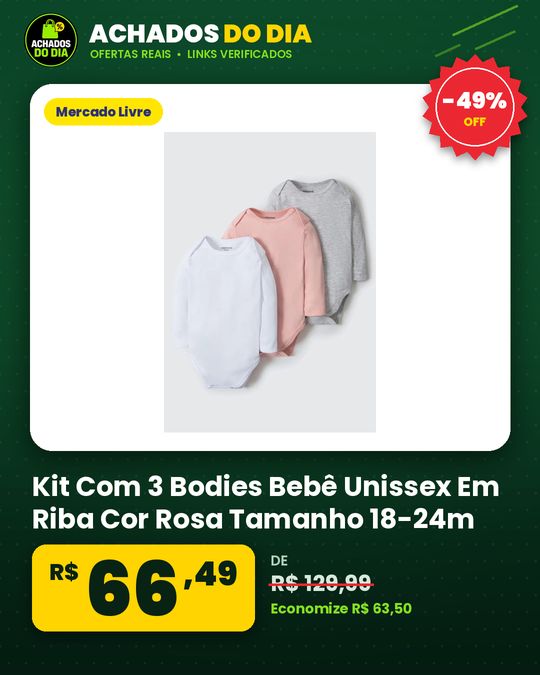 Kit Com 3 Bodies Bebê Unissex Em Riba Cor Rosa Tamanho 18-24m