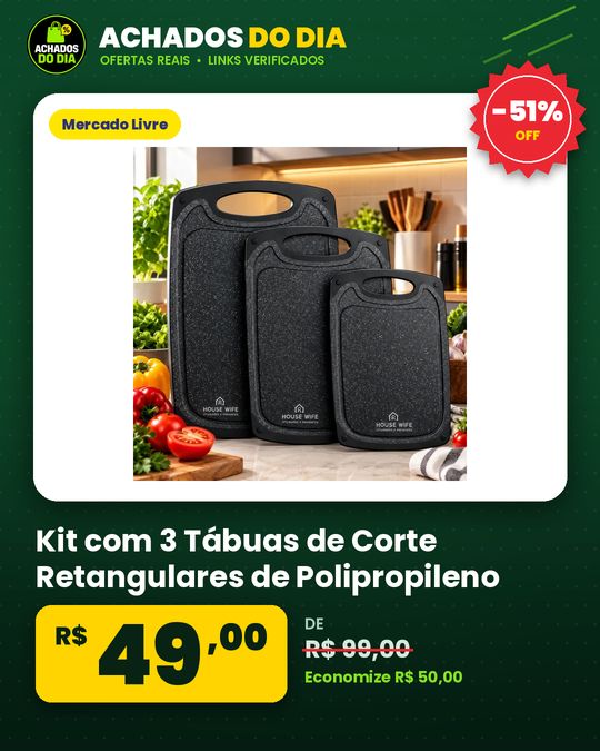 Kit com 3 Tábuas de Corte Retangulares de Polipropileno Antiderrapante Preto para Legumes e Churrasco