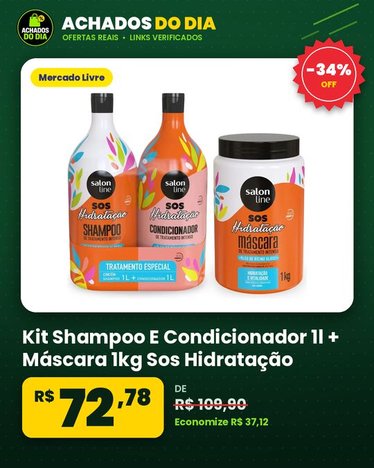 Kit Shampoo E Condicionador 1l + Máscara 1kg Sos Hidratação com Óleo de Rícino Linha de Tratamento Cabelos Danificados