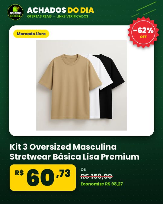 Kit 3 Oversized Masculina Stretwear Básica Lisa Premium