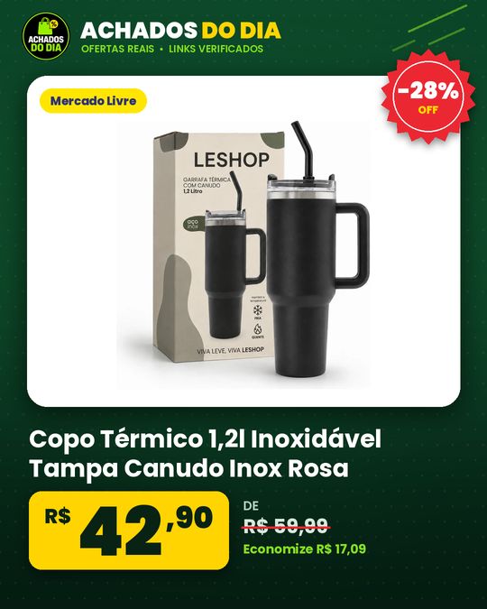 Copo Térmico 1,2l Inoxidável Tampa Canudo Inox Rosa - Leshop Preto Liso
