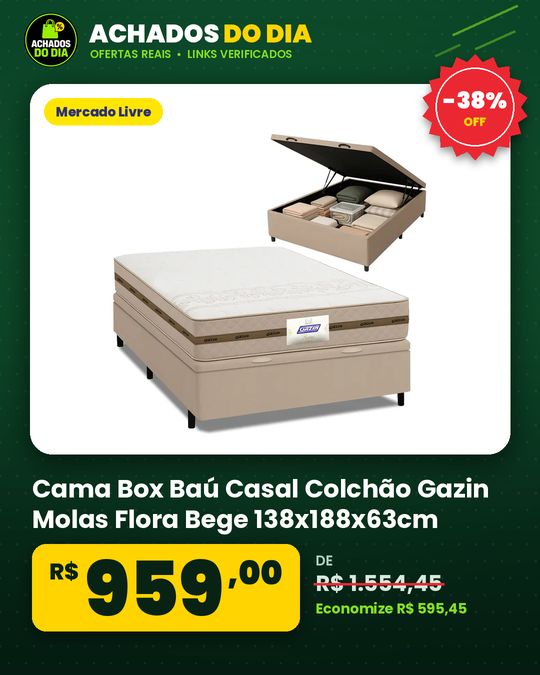 Cama Box Baú Casal Colchão Gazin Molas Flora Bege 138x188x63cm