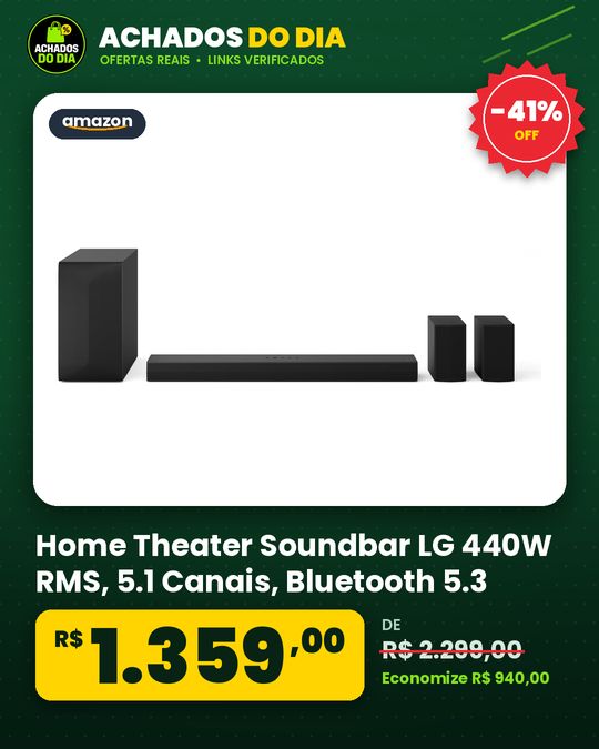 Home Theater Soundbar LG 440W RMS, 5.1 Canais, Bluetooth 5.3, S60TR