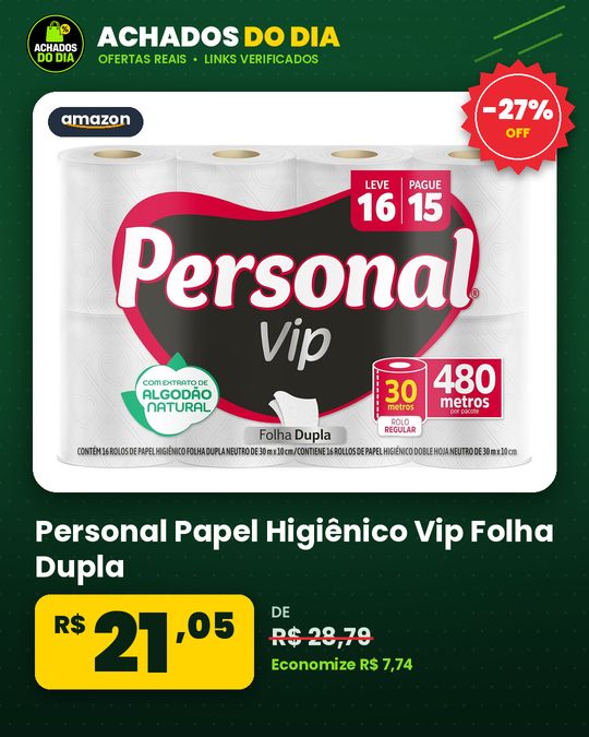 Personal Papel Higiênico Vip Folha Dupla, 16 Unidades Branco (embalagem Pode Variar)