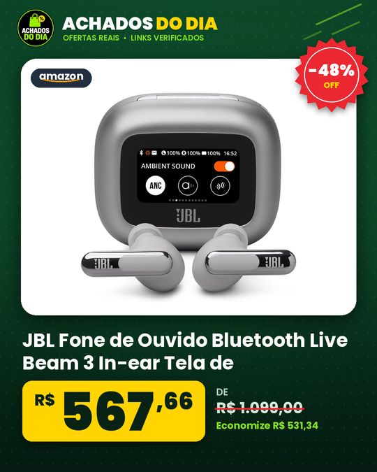 JBL Fone de Ouvido Bluetooth Live Beam 3 In-ear Tela de 1.45" Cancelamento de Ruído - Prata