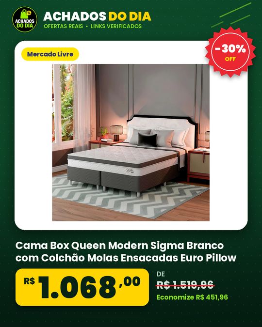 Cama Box Queen Modern Sigma Branco com Colchão Molas Ensacadas Euro Pillow