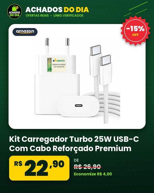 Kit Carregador Turbo 25W USB-C Com Cabo Reforçado Premium