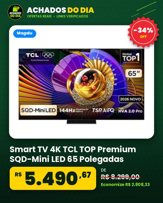 Smart TV 4K TCL TOP Premium SQD-Mini LED 65 Polegadas Processador AiPQ Pro Dolby Vision 144Hz Google TV, 65C7L