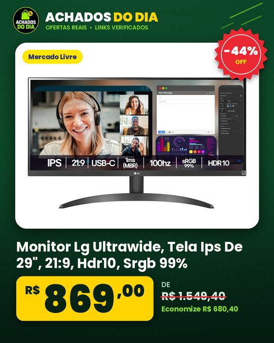 Monitor Lg Ultrawide - Tela Ips De 29", 21:9, Hdr10, Srgb 99%, 100hz, Preto- 29wq500b