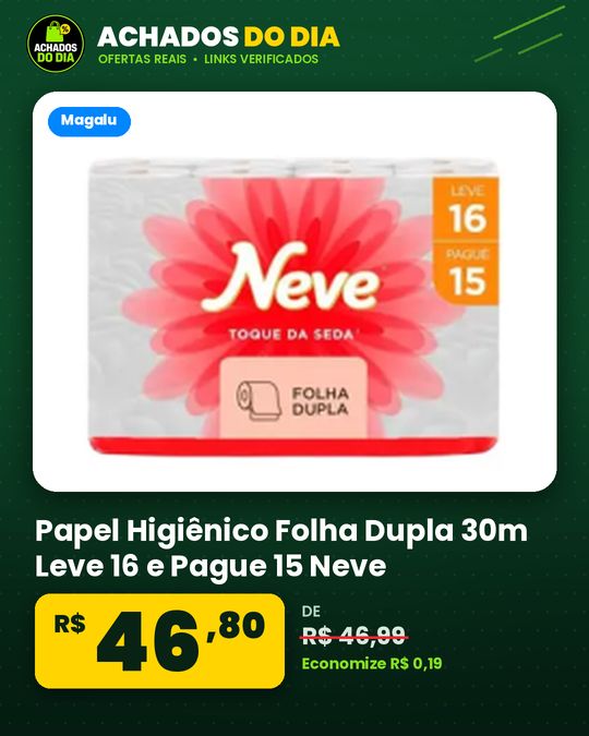 Papel Higiênico Folha Dupla 30m Leve 16 e Pague 15 Neve