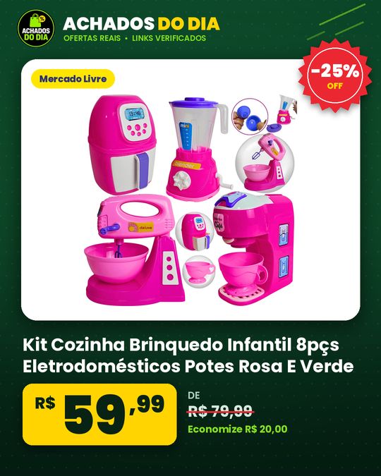 Kit Cozinha Brinquedo Infantil 8pçs Eletrodomésticos Potes Rosa E Verde