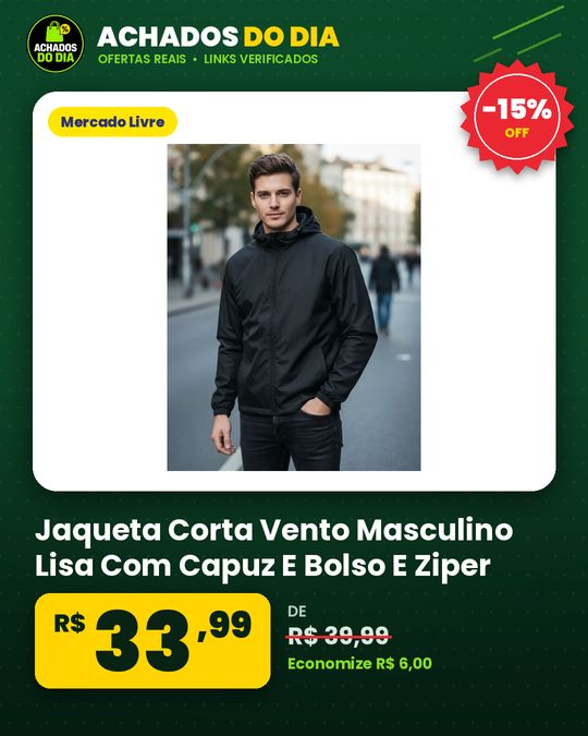 Jaqueta Corta Vento Masculino Lisa Com Capuz E Bolso E Ziper