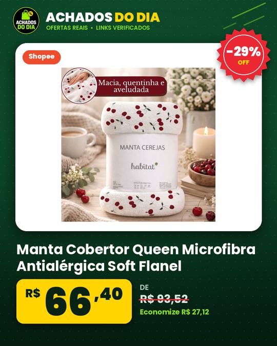 Manta Cobertor Queen Microfibra Antialérgica Soft Flanel 2,20 x 2,40 Macia Quentinha Cereja Habitat