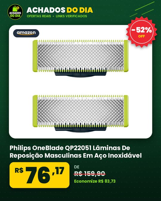 Philips OneBlade QP22051 Lâminas De Reposição Masculinas Em Aço Inoxidável – Pacote Com 2 Unidades