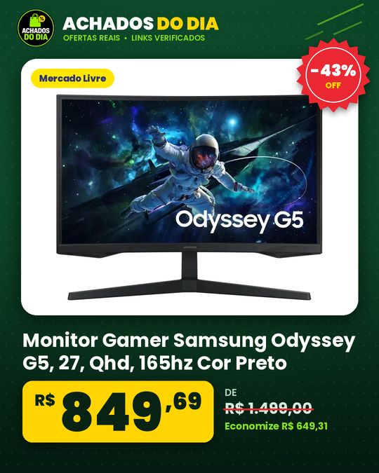 Monitor Gamer Samsung Odyssey G5, 27 , Qhd, 165hz Cor Preto