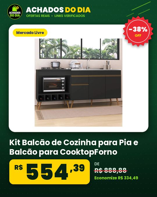 Kit Balcão de Cozinha para Pia e Balcão para CooktopForno 190cm Veneza Multimóveis MP2384 PretoDourado