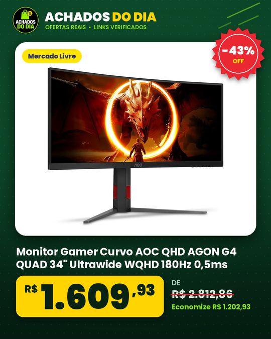 Monitor Gamer Curvo AOC QHD AGON G4 QUAD 34" Ultrawide WQHD 180Hz 0,5ms