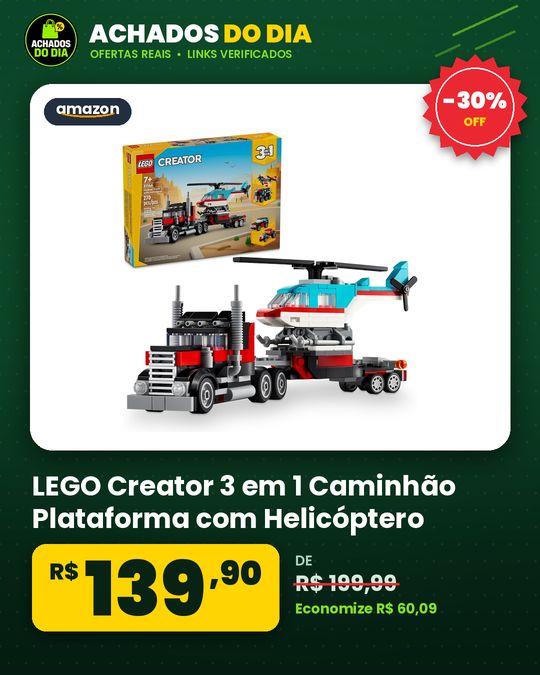 LEGO Creator 3 em 1 Caminhão Plataforma com Helicóptero Jogo de Carro Hot Rod 31146