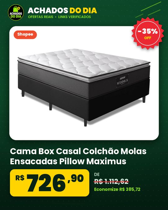 Cama Box Casal Colchão Molas Ensacadas Pillow Maximus 138x188x62cm Cinza Preto Gazin