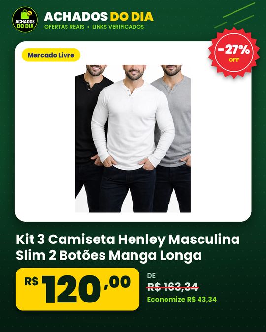 Kit 3 Camiseta Henley Masculina Slim 2 Botões Manga Longa