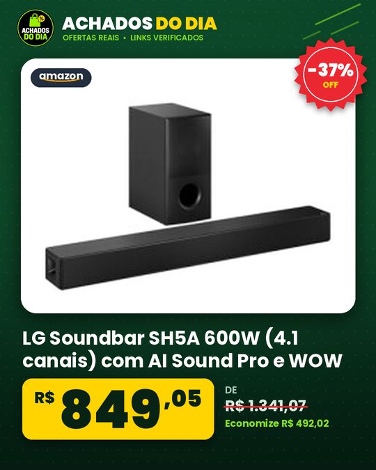 LG Soundbar SH5A 600W (4.1 canais) com AI Sound Pro e WOW Interface Som Imersivo Voz Clara e Sincronização Total